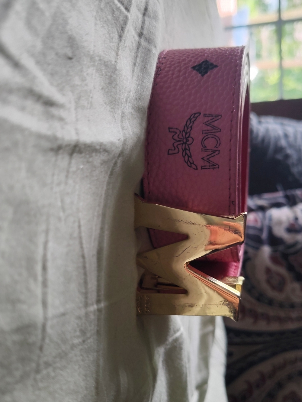 MCM Pink Leather Belt with Gold M Logo Buckle